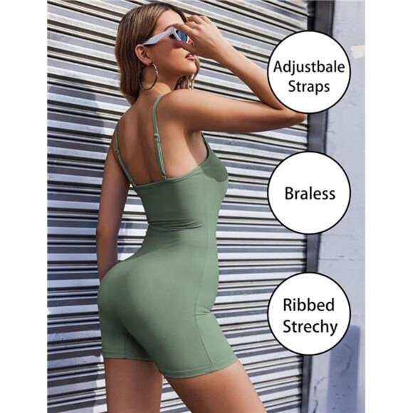 Womens Workout Romper Ribbed Jumpsuits Green - Picture 4 of 6